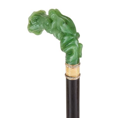 Early 20th century nephrite diamond and enamel frog shaped cane