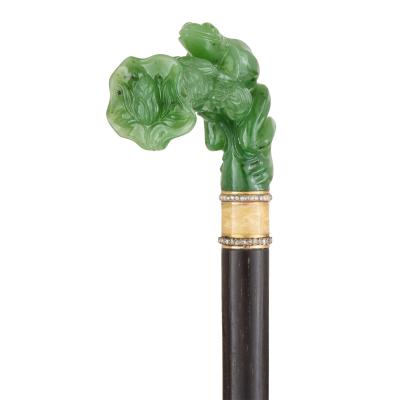 Early 20th century nephrite diamond and enamel frog shaped cane