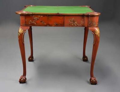 Early 20thC red lacquered Chinoiserie card or games table in the 18thC style