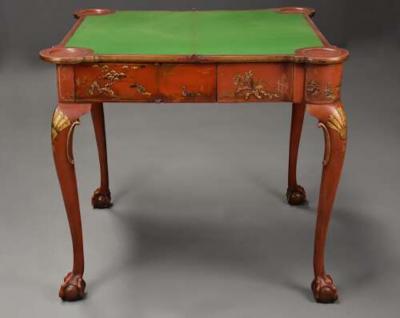 Early 20thC red lacquered Chinoiserie card or games table in the 18thC style