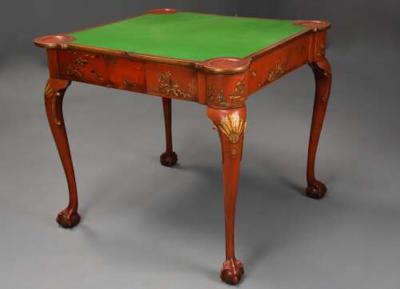 Early 20thC red lacquered Chinoiserie card or games table in the 18thC style
