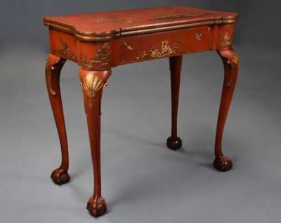 Early 20thC red lacquered Chinoiserie card or games table in the 18thC style