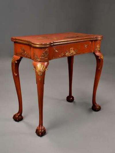 Early 20thC red lacquered Chinoiserie card or games table in the 18thC style