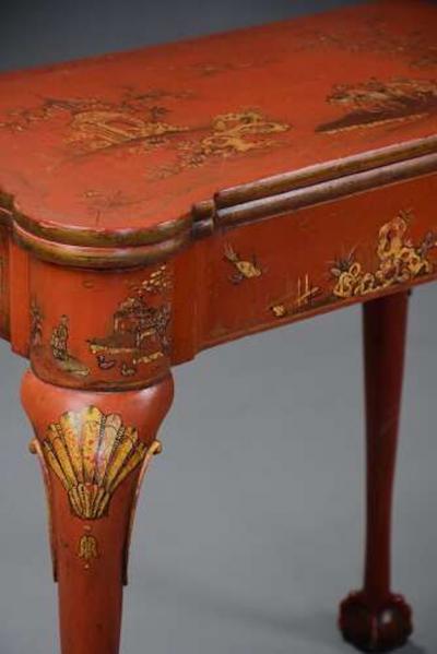 Early 20thC red lacquered Chinoiserie card or games table in the 18thC style
