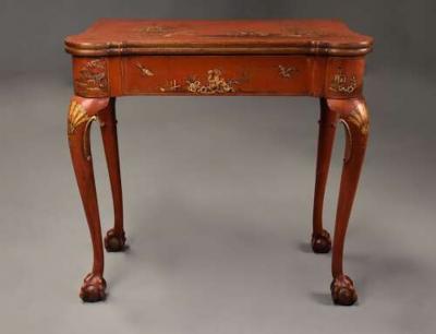 Early 20thC red lacquered Chinoiserie card or games table in the 18thC style