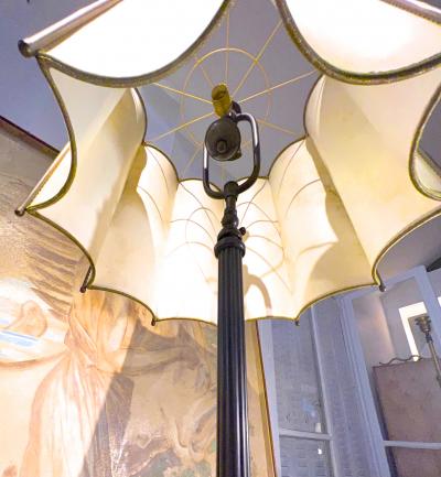 Early Art deco extreme quality patina bronze parchment shade standing lamp