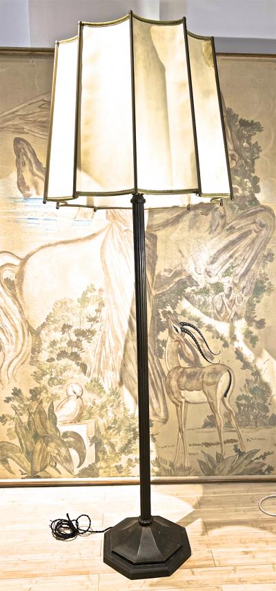 Early Art deco extreme quality patina bronze parchment shade standing lamp