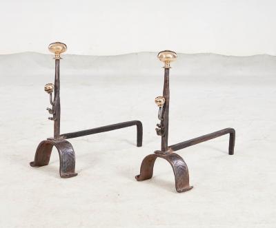 Early Blacksmith Forged Andirons with Polished Bronze Finials