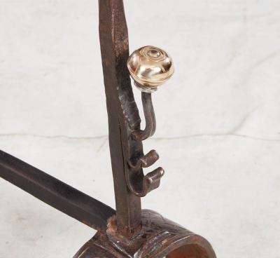 Early Blacksmith Forged Andirons with Polished Bronze Finials