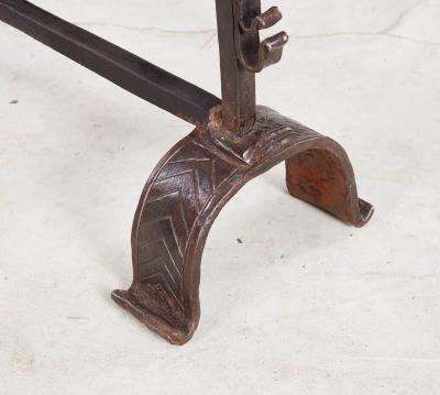 Early Blacksmith Forged Andirons with Polished Bronze Finials