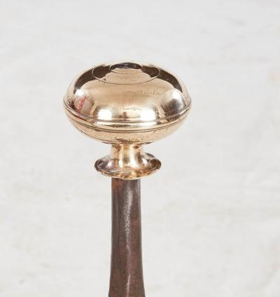 Early Blacksmith Forged Andirons with Polished Bronze Finials