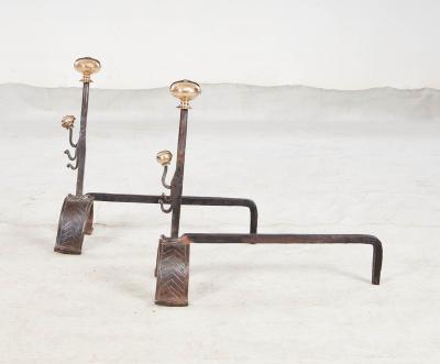 Early Blacksmith Forged Andirons with Polished Bronze Finials