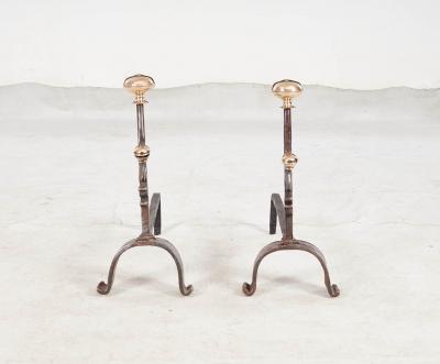 Early Blacksmith Forged Andirons with Polished Bronze Finials