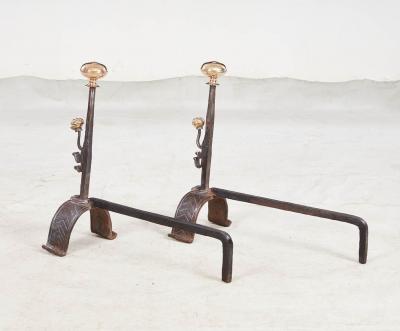 Early Blacksmith Forged Andirons with Polished Bronze Finials