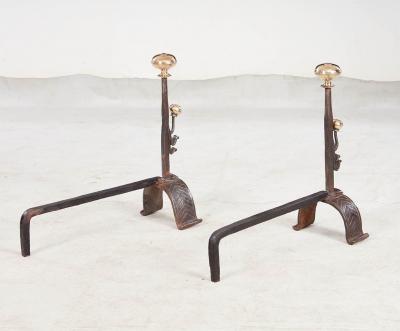 Early Blacksmith Forged Andirons with Polished Bronze Finials