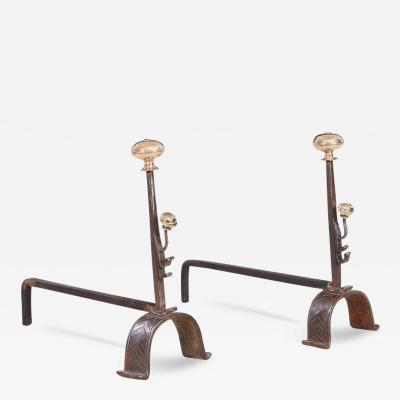 Early Blacksmith Forged Andirons with Polished Bronze Finials