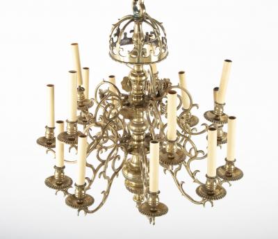 Early Brass 14 Arm Two Tier Chandelier with Original Reflectors