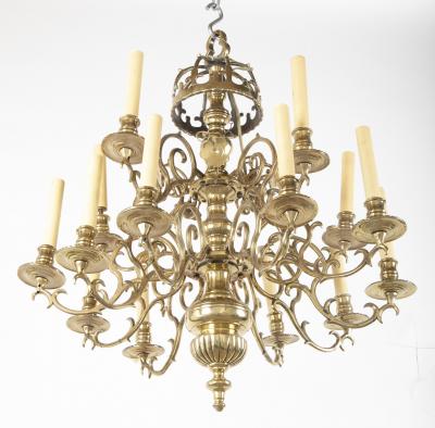 Early Brass 14 Arm Two Tier Chandelier with Original Reflectors