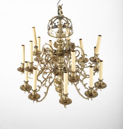 Early Brass 14 Arm Two Tier Chandelier with Original Reflectors