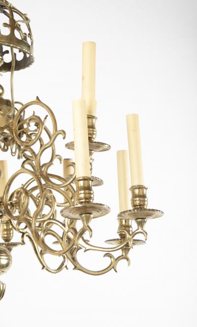 Early Brass 14 Arm Two Tier Chandelier with Original Reflectors