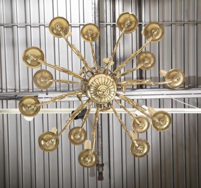 Early Brass 14 Arm Two Tier Chandelier with Original Reflectors