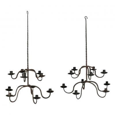 Early French Two Tier Forged Iron Chandelier