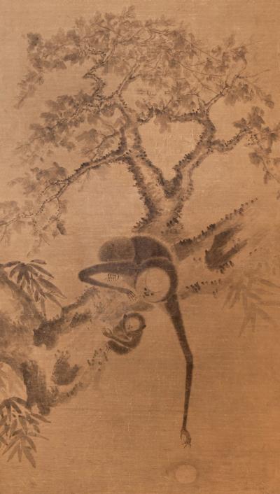 Early Japanese Framed Painting Originally a Scroll Monkeys in a Tree