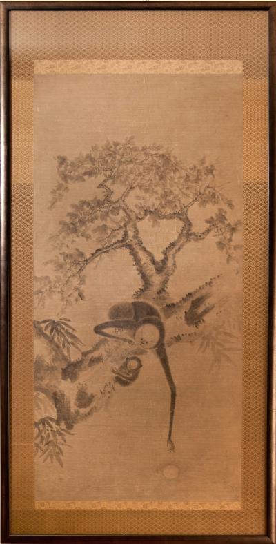 Early Japanese Framed Painting Originally a Scroll Monkeys in a Tree