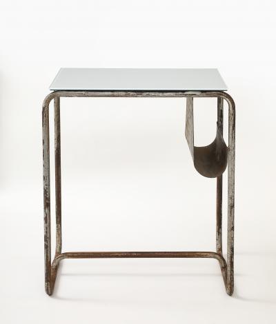 Early Modernist Desk Side Table Nickel Patina Opaline Top France c 1920
