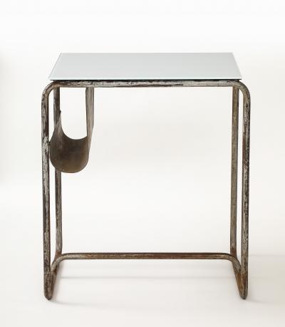 Early Modernist Desk Side Table Nickel Patina Opaline Top France c 1920