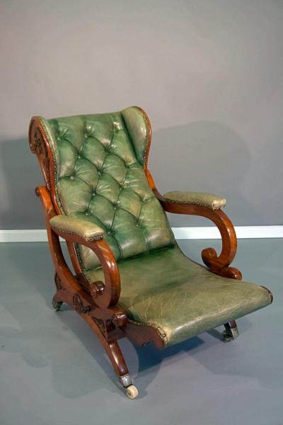 Early Victorian Carved Mahogany Reclining Wing Armchair