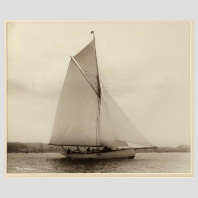 Early silver gelatin photograph print of the Gaff rigged yacht Wayward