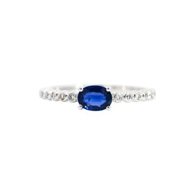East West Natural Oval Cut Blue Sapphire and Diamond 18K White Gold Textured