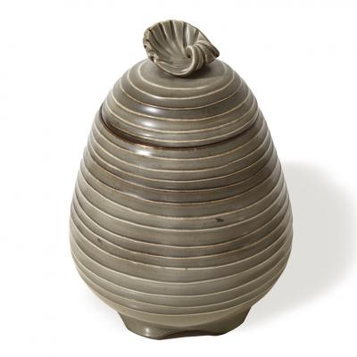 Ebbe Sadolin Unique Covered Jar with ridged texture and shell finial by Ebbe Sandolin