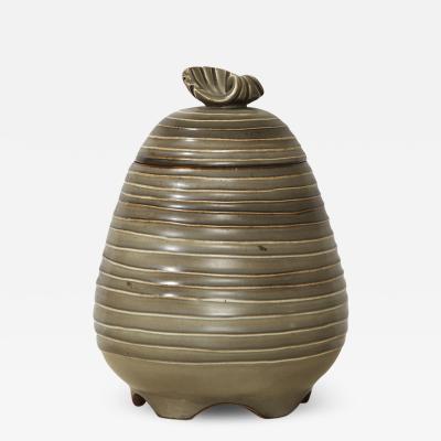 Ebbe Sadolin Unique Covered Jar with ridged texture and shell finial by Ebbe Sandolin