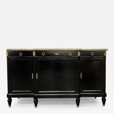 Ebony Hollywood Regency Louis XVI Style Bronze Mounted Sideboard Marble Top