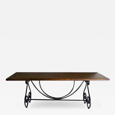 Ebony Metal and Brass Scroll Base Dining Table Wood Top Baroque Style