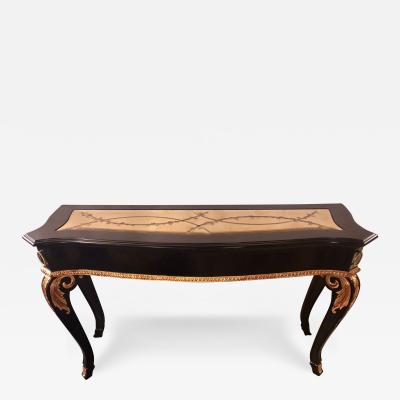 Ebony and Parcel Gilt Decorated Console Sofa Table with Fine Beveled Glass Top