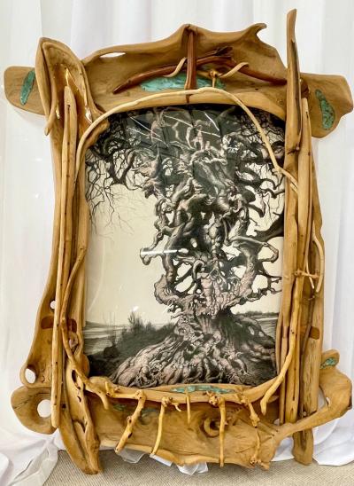 Eccentric Art Nouveau Rustic Frame with a Signed Paul Gorka Print