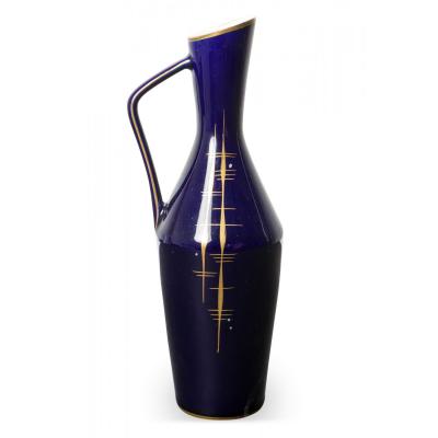 Echt Kobalt German Mid Century Feathered Vertical Gold Line Design Deep Blue Gla