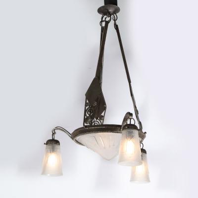 Edgar Brandt Art Deco Cubist Wrought Iron Frosted Glass Chandelier Manner of Edgar Brandt
