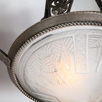 Edgar Brandt Art Deco Cubist Wrought Iron Frosted Glass Chandelier Manner of Edgar Brandt