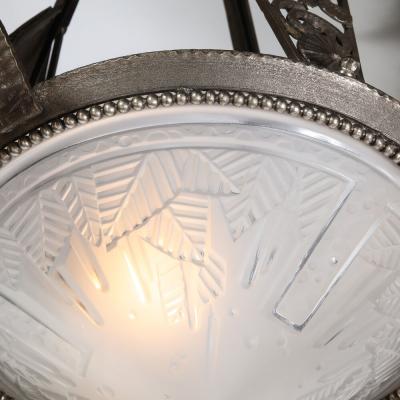 Edgar Brandt Art Deco Cubist Wrought Iron Frosted Glass Chandelier Manner of Edgar Brandt