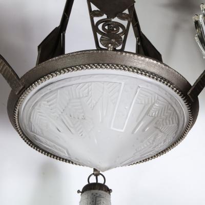 Edgar Brandt Art Deco Cubist Wrought Iron Frosted Glass Chandelier Manner of Edgar Brandt