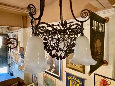 Edgar Brandt Edgar Brandt Gingko Leaves Chandelier 4 Daum Glass Shades Signed