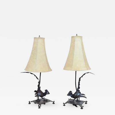Edgar Brandt Exceptional Edgar Brandt Pair of Art Deco Pheasant Form Table Lamps