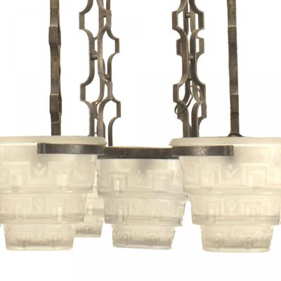 Edgar Brandt French Art Deco Brandt Wrought Iron and Glass Chandelier