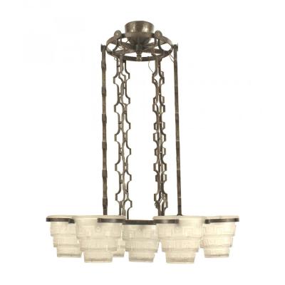 Edgar Brandt French Art Deco Brandt Wrought Iron and Glass Chandelier
