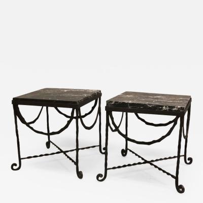 Edgar Brandt Pair of Wrought Iron and Black Marble Side End Cocktail Tables Edgar Brandt