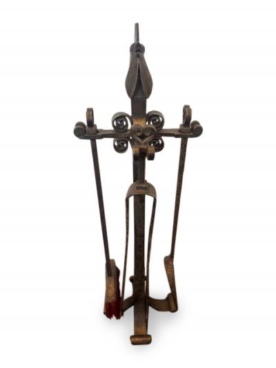 Edger Brandt Art Deco Set of firetools with rooster head finial